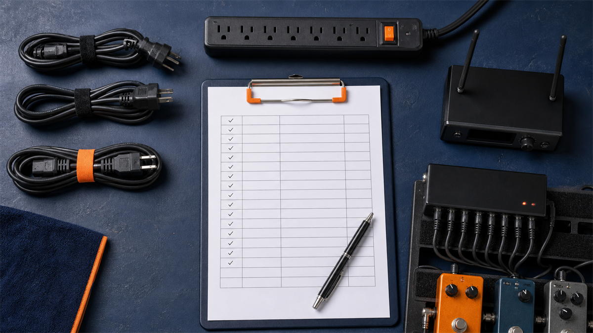 An organized inventory sheet sits beside generic power cables, a power strip, wireless equipment, and a pedalboard power supply.