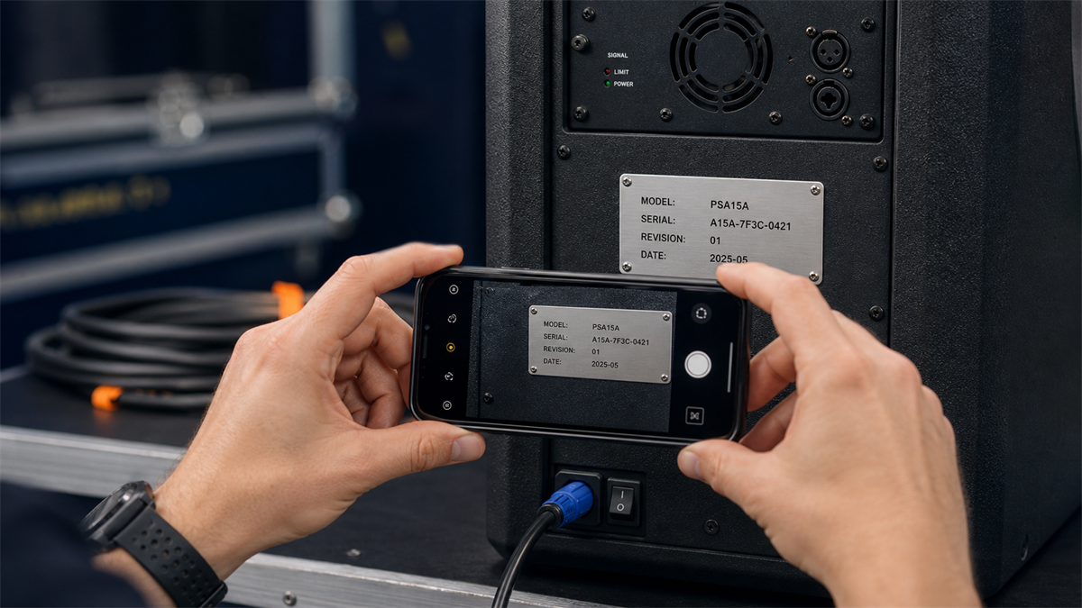 A person photographs the generic model, serial, revision, and date plate on the back of an unbranded stage speaker.